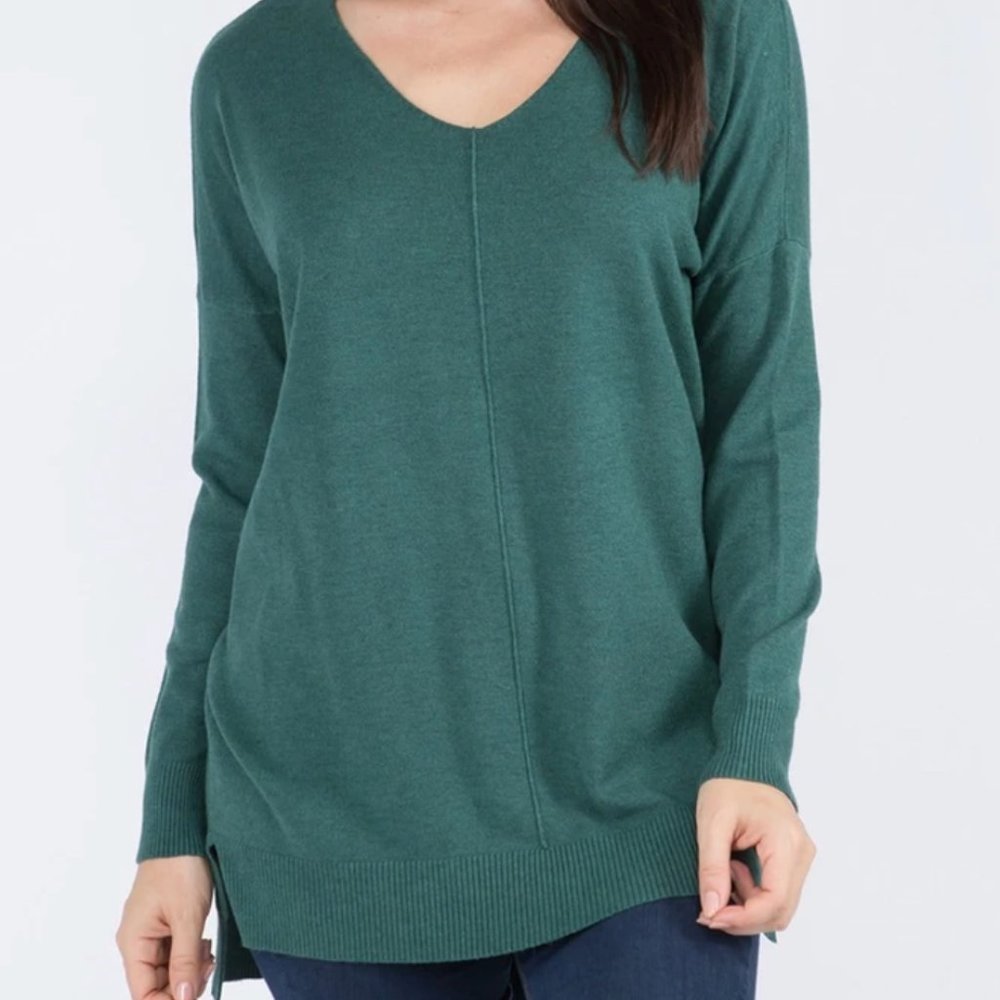 Last One Dreamers by Debut Green V Neck Front Seam Sweater